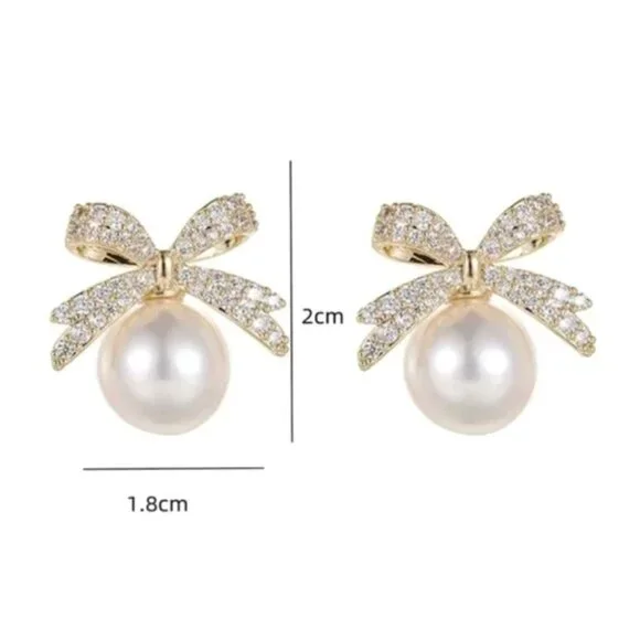 Anthropologie Pearl and Bow Gold Rhinestone Earrings - Picture 3 of 4